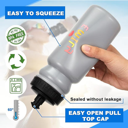 Suclain 7 Pcs Water Bottle Carrier with 20 Oz Bottles and Stickers Plastic Wide Mouth Sports Water Bottle Squeeze Team Bottles with Black Lid for Fitness Bike Gym (Grey)