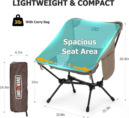 Overmont Ultralight Portable Camping Chair- Lightweight Folding Backpacking Chair, Support up to 330Lbs Compact Beach Chair for Adults with Carry Bag for Backpack Hiking Fishing Outdoor Camp 2pcs