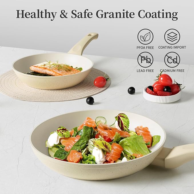 Granite Nonstick Cookware Set - 3 Pcs Induction Skillets, Egg & Omelette Frying Pans with Lids, Healthy, No Toxic, PFOA Free