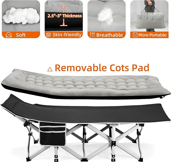 Portable Camping Cot, Sleeping Cots for Adults, 28" Extra Wide Folding Cot Max Load 600LBS with Thick Mattress, Portable Camping Bed for Outdoor Camp/Office, Home Nap (Black+Grey)
