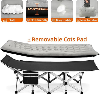 Portable Camping Cot, Sleeping Cots for Adults, 28" Extra Wide Folding Cot Max Load 600LBS with Thick Mattress, Portable Camping Bed for Outdoor Camp/Office, Home Nap (Black+Grey)