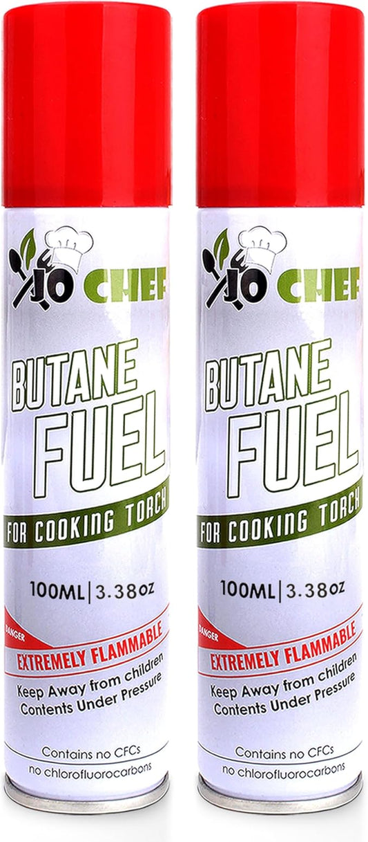 Jo Chef Butane Refill, Butane Torch Fuel Refill, Gas Lighter Fluid Refill Canister, Kitchen Blow Torch Fluid – Universal Tip – 2 Cans (3.38oz)