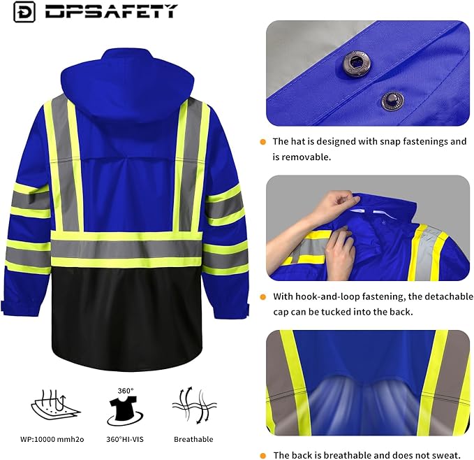 Reflective Rain jackets for men waterproof,Hi Vis Safety Coat With Reflective Strips，High Visibility Class 3 Rain jackets With 2 large pockets，Zipper,Blue,2XL/3XL