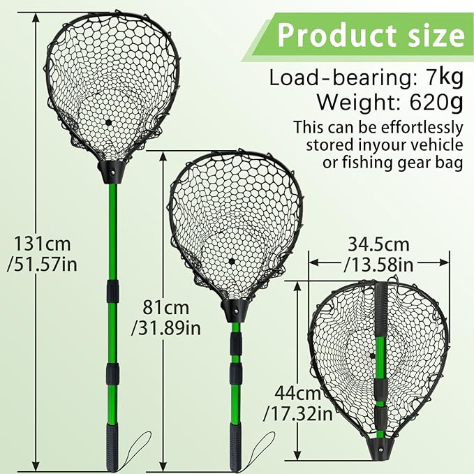 Telescoping Metal Lock Fishing Net with Handle Red Green 64" 52" 3-Section Rubber Fish Net - Adjustable Length Lightweight Foldable Large Big Collapsible Extendable Fishing Net