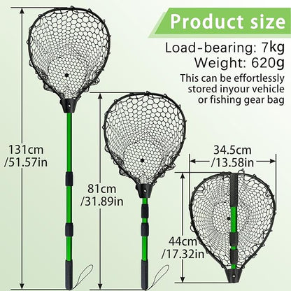 Telescoping Metal Lock Fishing Net with Handle Red Green 64" 52" 3-Section Rubber Fish Net - Adjustable Length Lightweight Foldable Large Big Collapsible Extendable Fishing Net