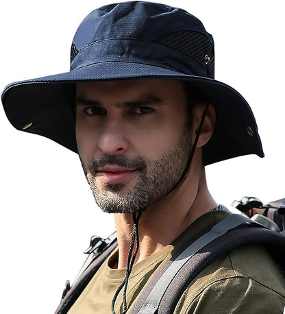 Men's Sun Hat Outdoor UPF50+ Mesh Wide Brim Bucket Safari Cap Foldable Waterproof Boonie Fishing Hats