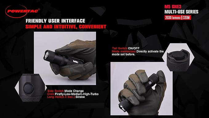 PowerTac M5-G3 2030 Lumens Rechargeable Tactical Flashlight, 330M Throw with Magnetic Charging and Dual Switch, LED Flashlight for Outdoor Emergency