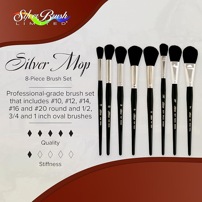 Silver Brush Limited MP-5665S Silver Mops Short Handle Round and Oval Black Mops Brushes with Super-Soft Organic Hair, 8pc Professional Painting Set for Oil, Acrylic, Watercolor, Pastels, & Charcoal