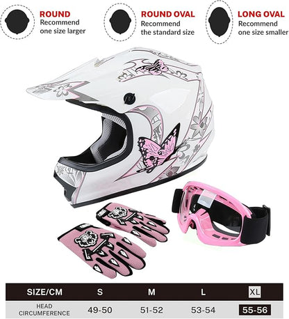 SLMOTO Dot Youth Kids Helmet Motocross Offroad Street Helmet Motorcycle Helmet Dirt Bike Motocross ATV Pink Butterfly Design Helmet+Goggles+Gloves
