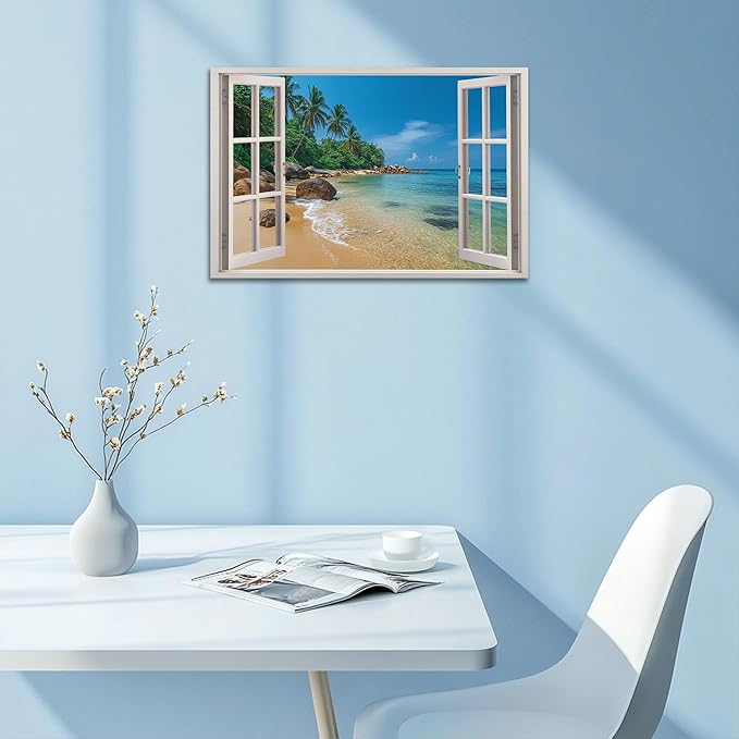 ANRUOXI Beach Pictures Wall Art Decor for Living Room, Blue Ocean Painting Decor for Bedroom, White Window Frame Style Palm Trees Canvas Wall Decor, Coastal View Artwork for Bedroom Office 18x24 Inch
