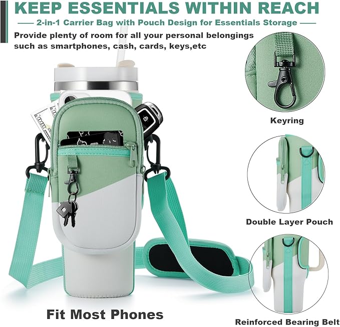 Water Bottle Carrier Bag with Phone Pocket for Stanley 40 & 30 oz Tumbler with Handle,Pink Insulated Neoprene Cup Holder Pouch w/Adjustable Strap for Quencher H2.0 Stanley Cup Accessories