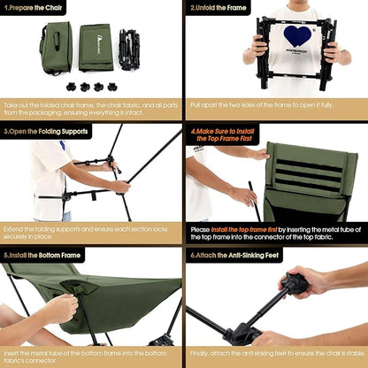 MOON LENCE Oversized Camping Chair for Adults, Height Adjustable High-Back Folding Camping Chair with 400 lbs Capacity, Hidden Pillow Pocket and Wide Seat for Camping, Hiking, Picnics, Green