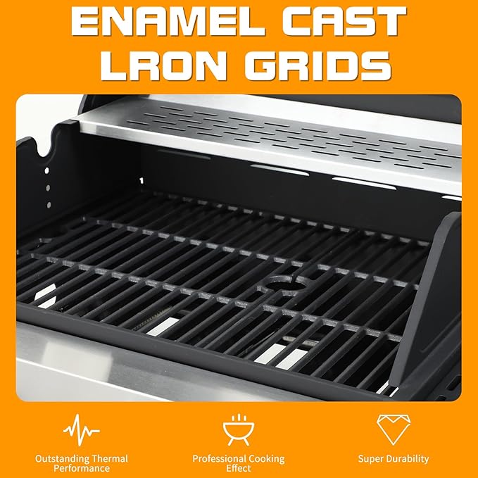 CIG GARDEN 3-Burner Propane Gas Grill With Side Burner,Double-layer Stainless Steel BBQ Grill Lid with Cast Iron Grates,41,500 BTU Output Perfect for Outdoor Cooking,Backyard,Camping,BBQ Grill