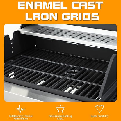 CIG GARDEN 3-Burner Propane Gas Grill With Side Burner,Double-layer Stainless Steel BBQ Grill Lid with Cast Iron Grates,41,500 BTU Output Perfect for Outdoor Cooking,Backyard,Camping,BBQ Grill