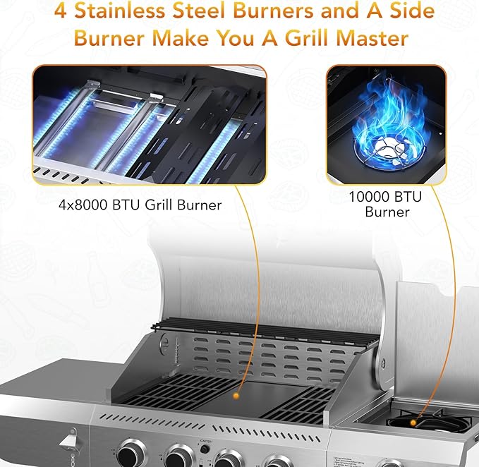 G41 Pro BBQ Grill,Heavy-Duty Stainless Steel Gas Grill, 4 Burner Gas Grill with Side Burner,42000 BTU Propane Grill for Outdoor Cooking,Barbecue,Garden and Patio Backyard