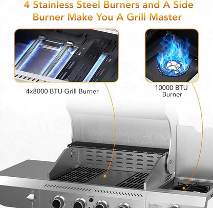 G41 Pro BBQ Grill,Heavy-Duty Stainless Steel Gas Grill, 4 Burner Gas Grill with Side Burner,42000 BTU Propane Grill for Outdoor Cooking,Barbecue,Garden and Patio Backyard