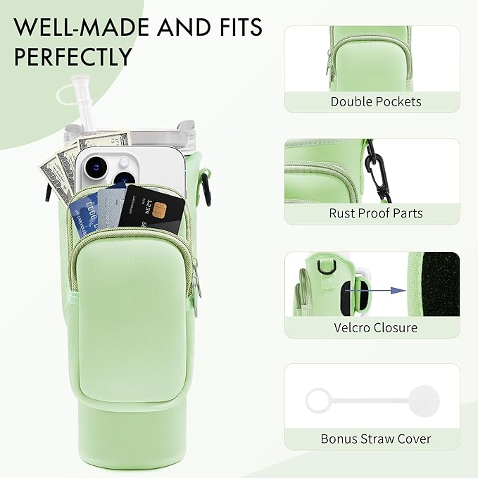 Water Bottle Carrier Bag with Phone Pocket for Stanley Cup 40/30 oz, Water Bottle Holder with Adjustable Strap& Straw Cover, Stanley Cup Accessories
