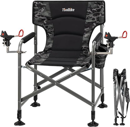 Padded Folding Fishing Chair with 2 Rod Holders for Adults Heavy Duty Adjustable Legs Outdoor Camping Chairs with Side Pocket Shoulder Strap Portable Ice Fishing Chair for Camp Lawn Patio