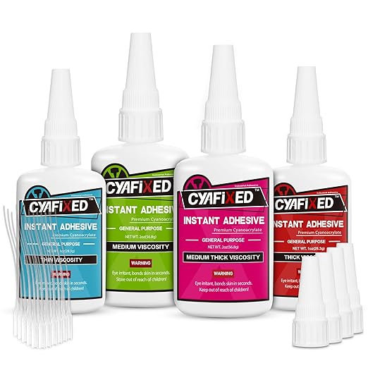 Super Glue Kit, 6 oz CA Glue (Thick, Medium-Thick, Medium, Thin) with Anti-Clog Caps & Microtips, Instant Clear Cyanoacrylate Adhesive for Woodworking, 3D Printing, Plastic, Ceramic, Glass