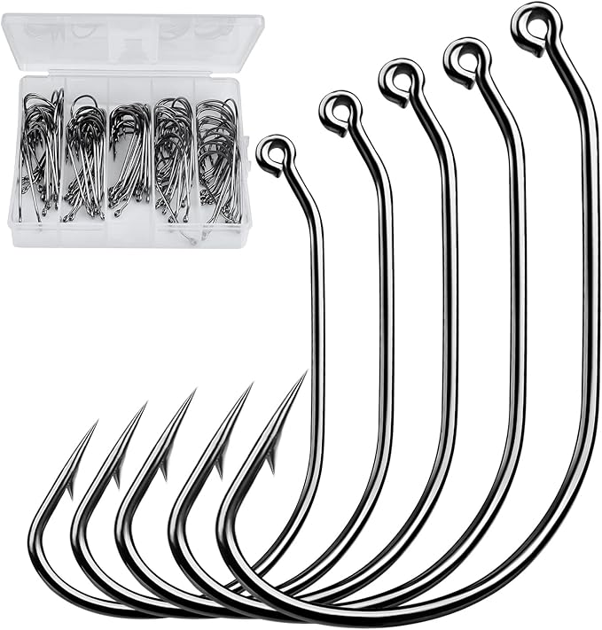 Fishing Hooks for Bass Fishing - 100pcs EWG Offset Worm Hook Texas Rig Hooks for Freshwater Saltwater Size 1/0 2/0 3/0 4/0 5/0 - Soft Lures Worms Plastics Bait Fishing Hook with Tackle Box