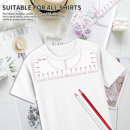 5Pack Tshirt Ruler Guide for Vinyl Alignment, T Shirt Rulers to Center Designs, PVC Measurement Template, Sewing Supplies Accessories Tools for Cricut Heat Press Transfer Vinyl （Pink）