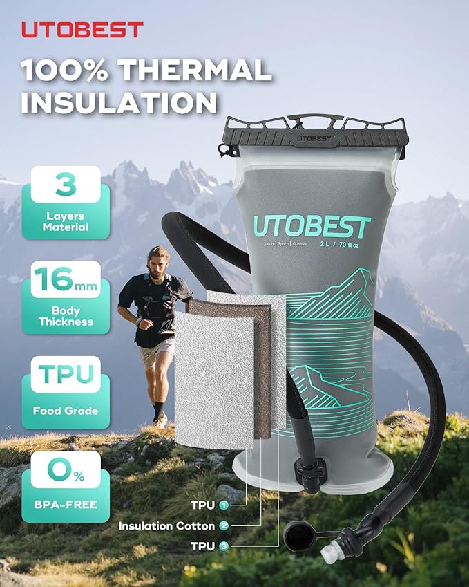 Insulated Water Bladder with Bite Valve Cover Keeps Water Cool or Warm for Hours, Leakproof TPU Hydration for Hiking Camping and Backpacking