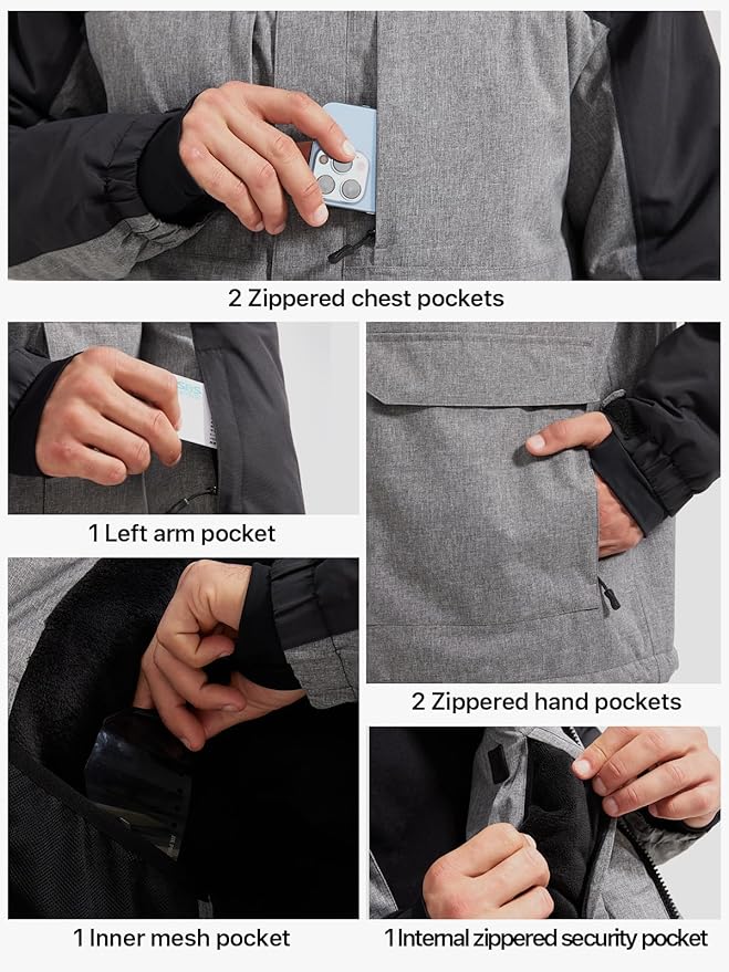 FREE SOLDIER Men's Waterproof Ski Jacket Fleece Lined Warm Winter Snow Coat with Hood Fully Taped Seams