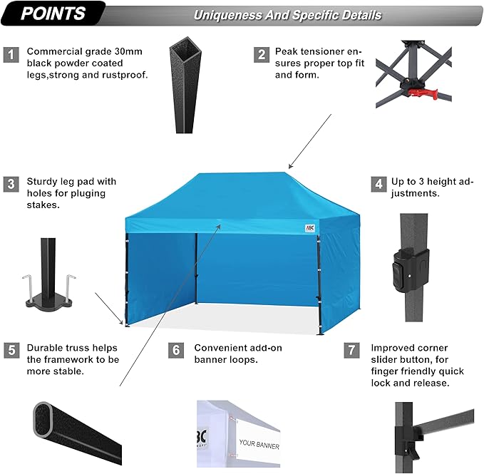ABCCANOPY Heavy Duty Easy Pop up Canopy Tent with Sidewalls 10x15, Sky Blue