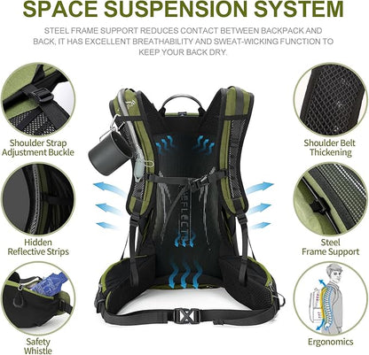 Hiking Backpack, Waterproof Hiking Daypack with 3L Water Bladder and Rain Cover, Lightweight Travel Camping Backpack for Men Women (Dark Green)