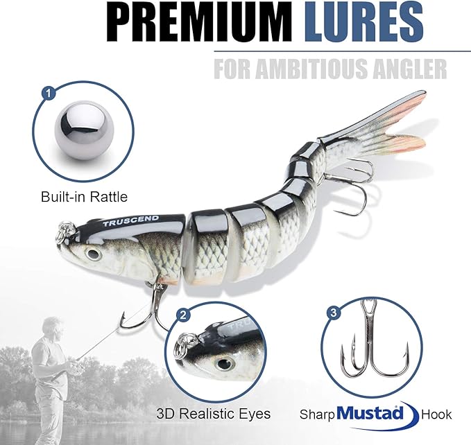 TRUSCEND Easy Catch Swimmax, Magic Noisy Turbulent Wiggling and Vibrating Actions for More Bites, Segmented Swimbait Jointed by Dyneema Strongest Fiber, Lifelike Fishing Lures for Relax Family Fishing