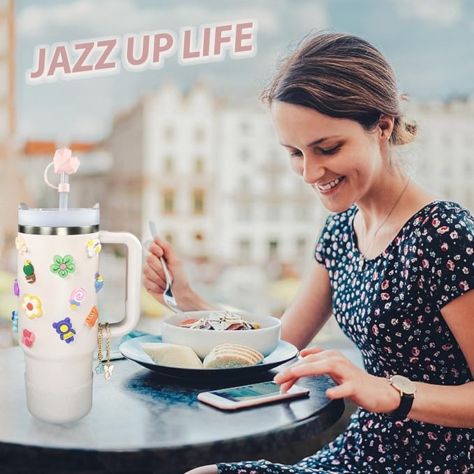 Stanley Cup Accessories Set Including 2 Pcs Straw Cover Cap for 9-10 mm Straws, 15 Pcs 3D Stickers, 2 Pcs Handle Charms, 1 Pcs Bling Silicone Boot Sleeve for Stanley Cup 40oz & 30oz Tumbler