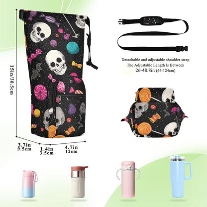 Halloween Skulls Lollipops Bats Water Bottle Holder with Strap Insulated Water Bottle Carrier Crossbody Bags Pouch with Phone Pocket for Travel Gym Hiking Walking Running