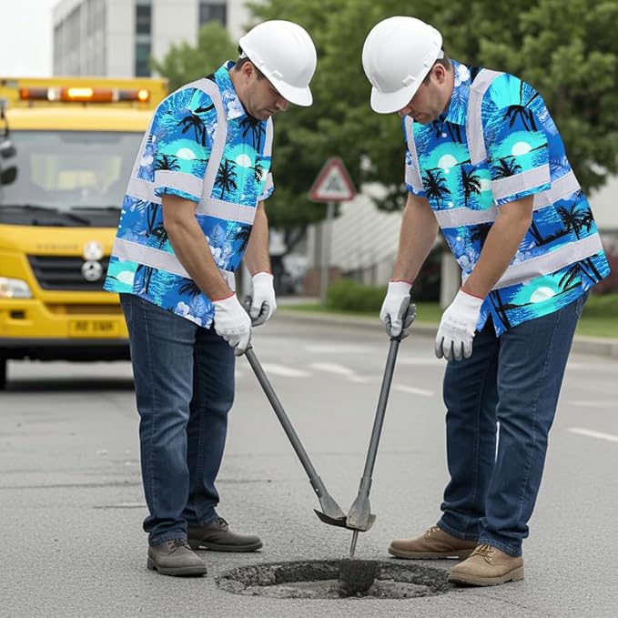 High Visibility Hawaiian Shirt for Men Tropical Shirts Custom Name Floral Outfit Reflective Safety Workwear