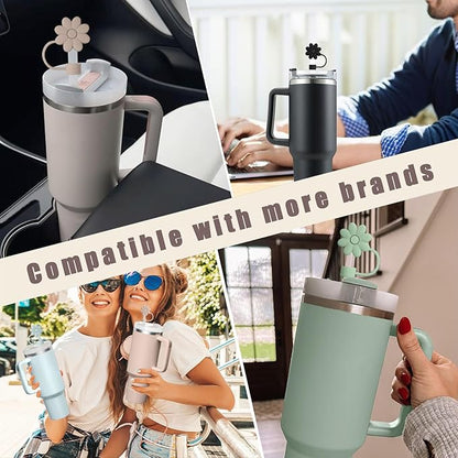 6PCS Silicone Straw Covers Toppers for Stanley Cups 30&40 Oz Tumbler Accessories Flower Straw Caps Black Blue Dust-Proof Reusable Straw Tips Protectors for Stanley Cup 10mm 0.4in Straws