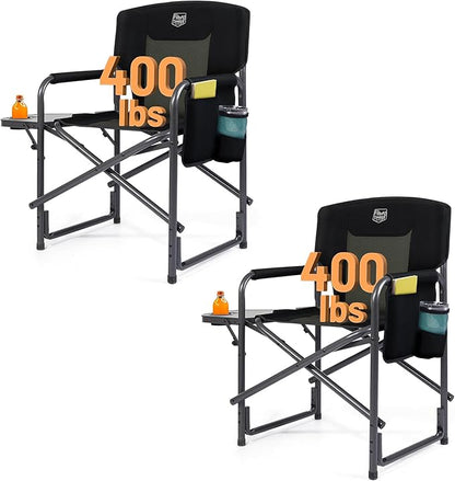 TIMBER RIDGE Aluminum Oversized Camping Chair, Lightweight Portable Directors Chair with Side Table Detachable Side Pocket for Outdoor Camping, Lawn, Picnic, Support 400lbs Black 2 Pack