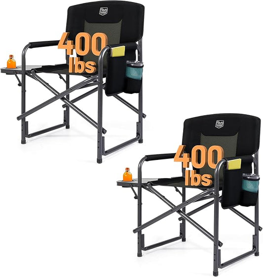 TIMBER RIDGE Aluminum Oversized Camping Chair, Lightweight Portable Directors Chair with Side Table Detachable Side Pocket for Outdoor Camping, Lawn, Picnic, Support 400lbs Black 2 Pack
