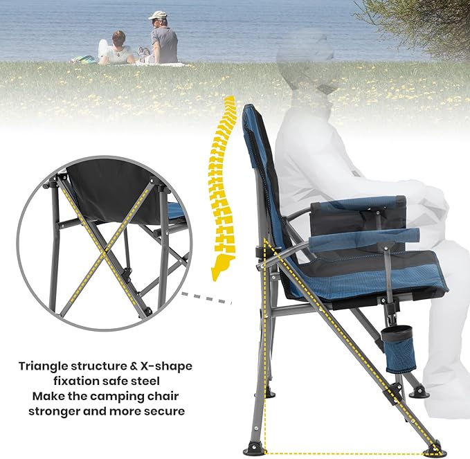 XGEAR Camping Chair with Padded Hard Armrest, Sturdy Folding Camp Chair with Cup Holder, Storage Pockets Carry Bag Included, Support to 400 lbs