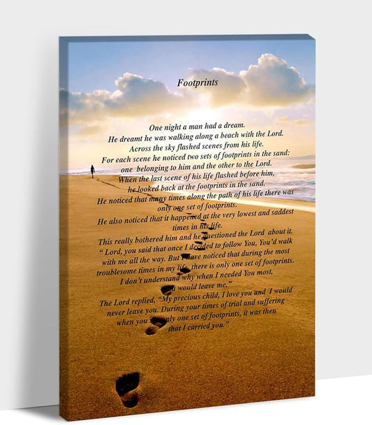Footprints in the Sand Canvas Prints Wall Art, Footprints in the Sand Wall Art Decor, Inspirational Christian Poem Wall Poster Gift, Beach Picture Wall Art for Living Room Beach Office 28"Wx40"HInches