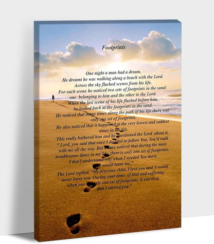 Footprints in the Sand Canvas Prints Wall Art, Footprints in the Sand Wall Art Decor, Inspirational Christian Poem Wall Poster Gift, Beach Picture Wall Art for Living Room Beach Office 32"Wx48"HInches