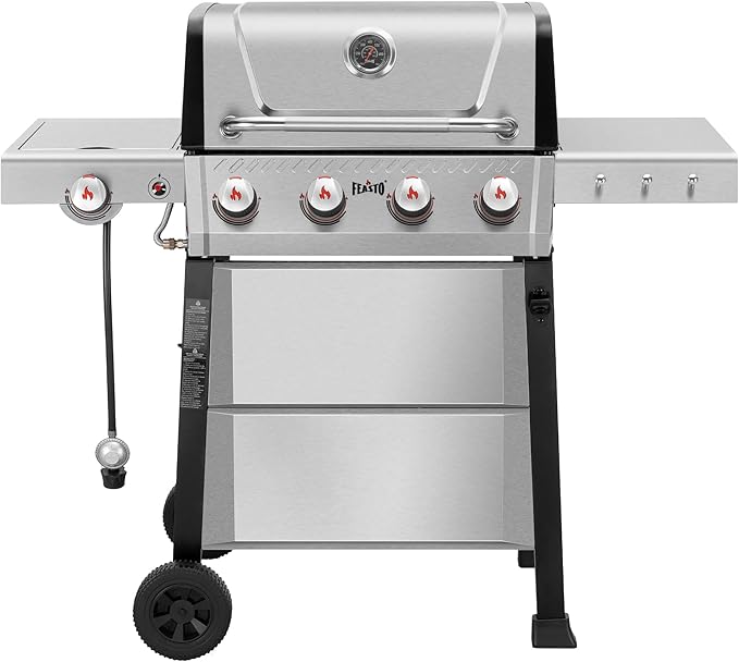 All Stainless Steel 4+1 Burner Gas BBQ Grill, Outdoor Propane Grill with Premium Enameled Coated Chamber Body & Porcelain-Enameled Cast lron Grates, 48,000 BTU