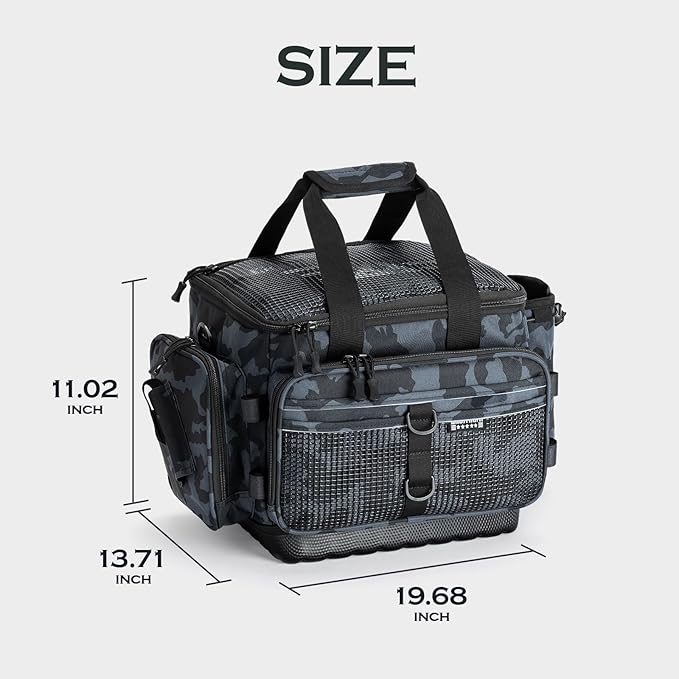 Ghosthorn Fishing Tackle Bag with Rod Holder Saltwater & Freshwater Resistant Large Tackle Box Bag - Waterproof Base, Adjustable Padded Shoulder Strap (Black Camouflage)