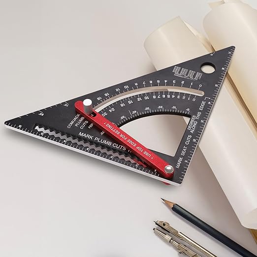 Carpenter Square 7 inch, Aluminum Adjustable Rafter Framing Square, Multifunction Woodworking Measuring Tools, Combination Square Angle Carpentry Triangle Ruler with 2 Pencils