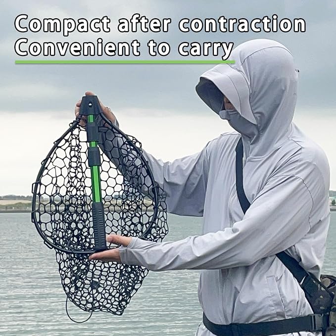 Telescoping Metal Lock Fishing Net with Handle Red Green 64" 52" 3-Section Rubber Fish Net - Adjustable Length Lightweight Foldable Large Big Collapsible Extendable Fishing Net