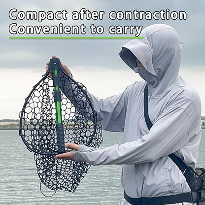 Telescoping Metal Lock Fishing Net with Handle Red Green 64" 52" 3-Section Rubber Fish Net - Adjustable Length Lightweight Foldable Large Big Collapsible Extendable Fishing Net
