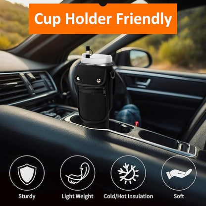 Water Bottle Carrier Bag with Phone Pocket for Stanley 40/30 oz Tumbler Neoprene Insulated Mug Sleeve Pouch with 2 Pockets & Adjustable Strap & Straw Cover for Stanley Cup Accessories