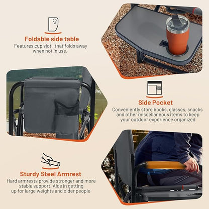 TIMBER RIDGE Heated Aluminum Oversized Camping Chair, Lightweight Portable Directors Chair with Side Table Detachable Side Pocket for Outdoor Camping, Lawn, Picnic, Support 400lbs Gray