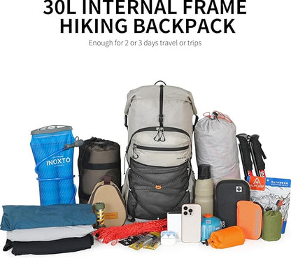Hiking Backpack for Men and Women, 30L Waterproof Camping Backpack with 3L Water Bladder and Rain Cover, Lightweight Outdoor Sport Travel Daypack Rucksack for Climbing Cycling (Light gray)