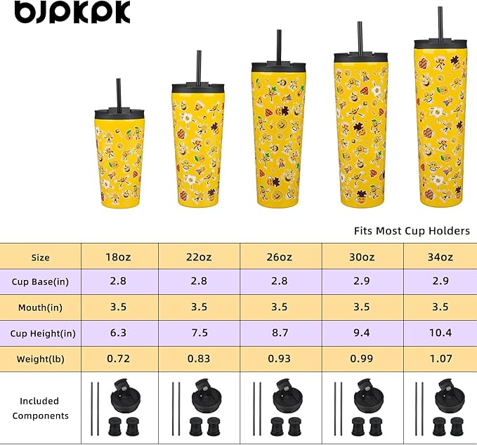 BJPKPK 22oz Insulated Tumbler With lid And Straw Stainless Steel Tumblers Travel Coffee Mug Reusable Thermal Cup,Hawaii Fruits Yellow