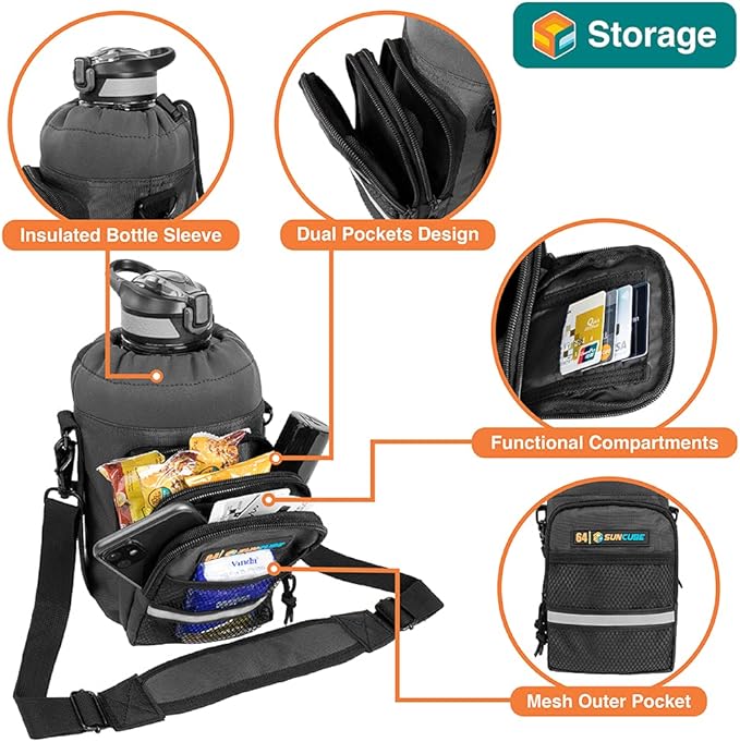 SUN CUBE Water Bottle Carrier with Strap, Insulated Water Bottle Carrier Bag with Phone Pocket Pouch, Sleeve Sling Purse Crossbody Bottle Holder for Walking, Sports, Hiking Accessories 40/64 oz
