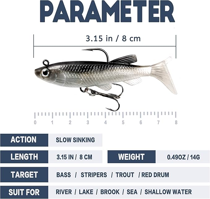 Soft Fishing Lures Shad Minnow Swimbaits, Pre-Rigged Jig Heads Paddle Tail Swim Baits for Bass, Trout, Walleye, Crappie, Sinking Jigs Bait for Saltwater Freshwater, Fishing Gifts for Men